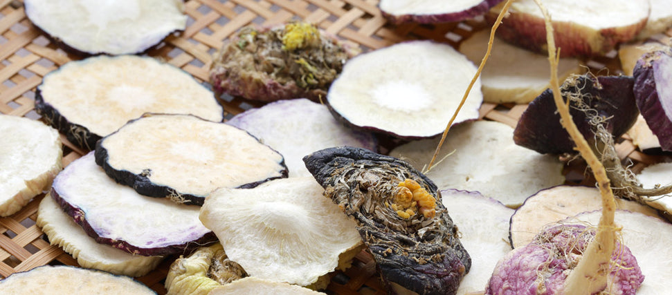 sliced maca root on table