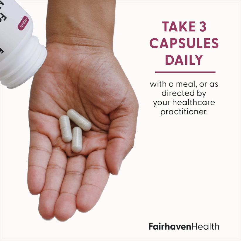 Fairhaven Health FertilAid Multivitamin for Women suggested use: take three capsules daily with a meal or as directed by your healthcare practitioner.