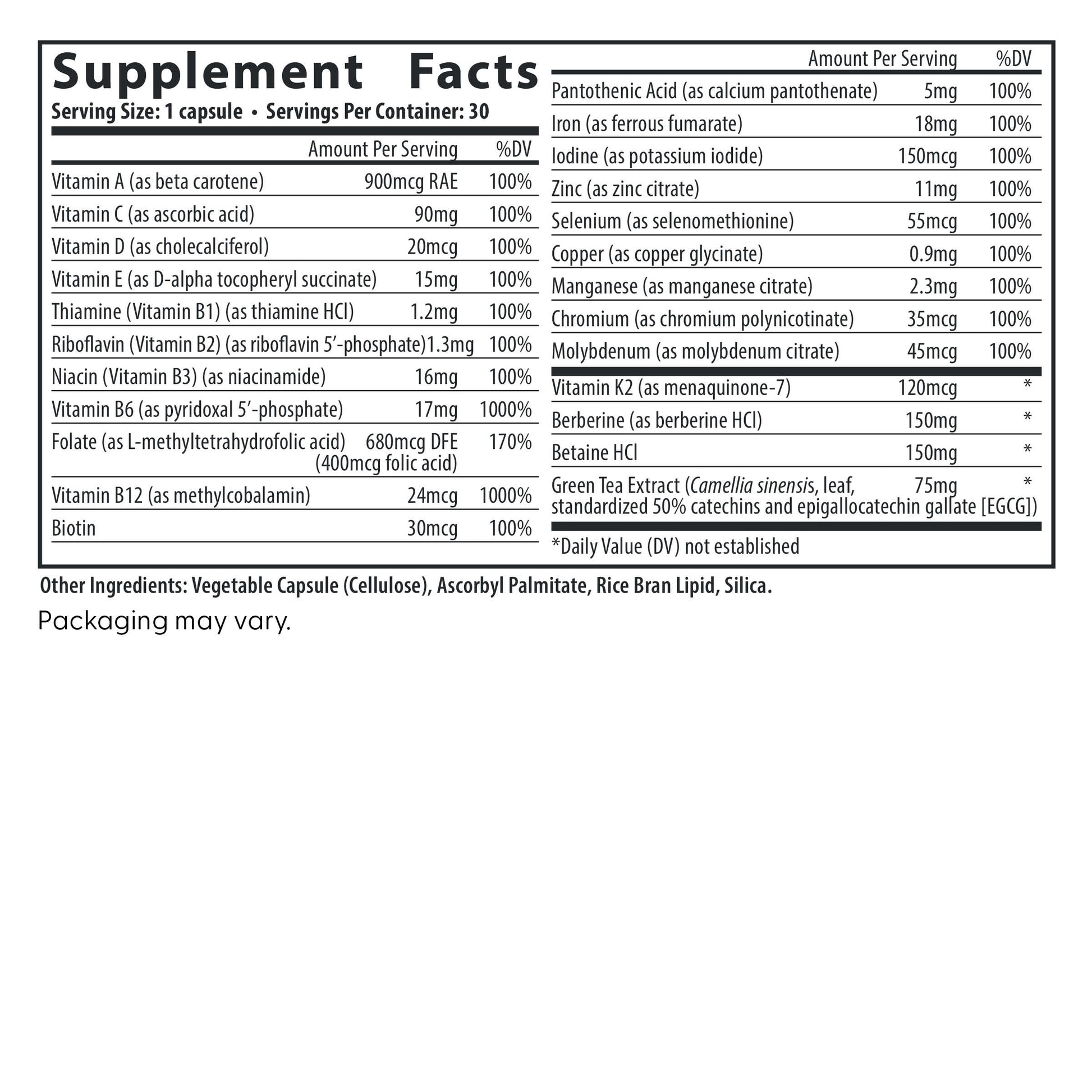 Fairhaven Health Menopause Multivitamin Essentials supplement facts.