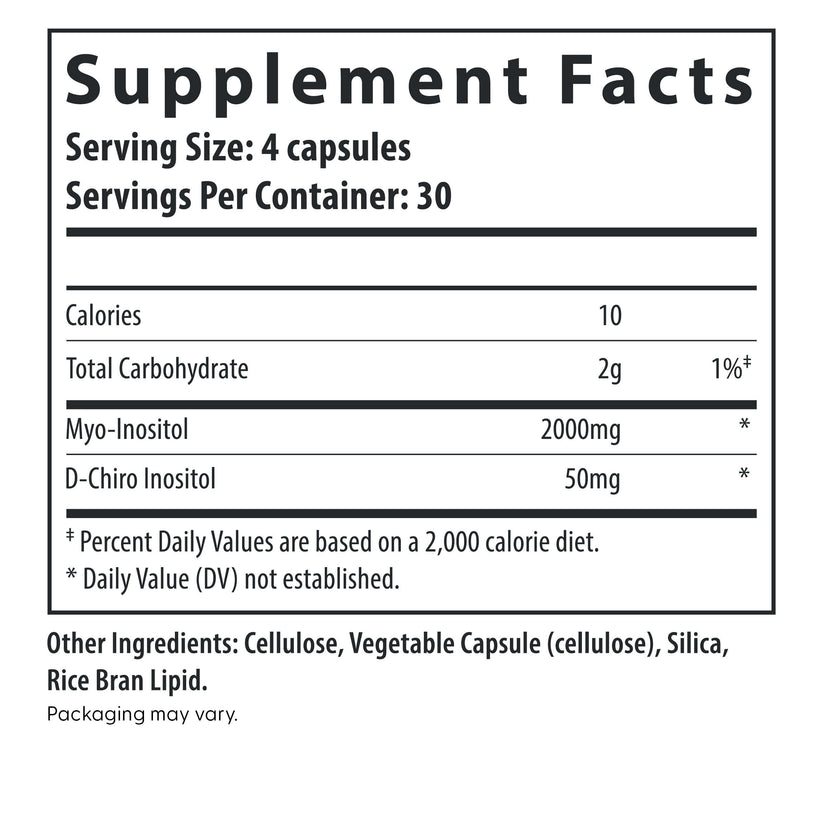 Fairhaven Health Myo + D-Chiro Inositol 120 capsules supplement facts.