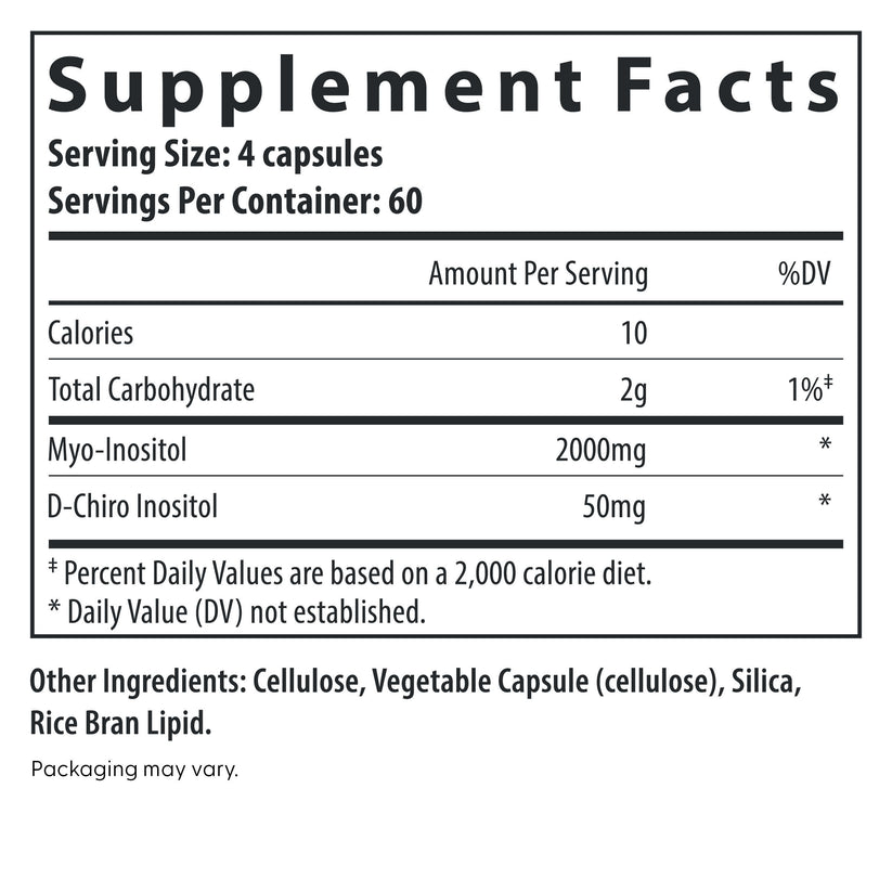 Fairhaven Health Myo + D-Chiro Inositol 240 capsules supplement facts.