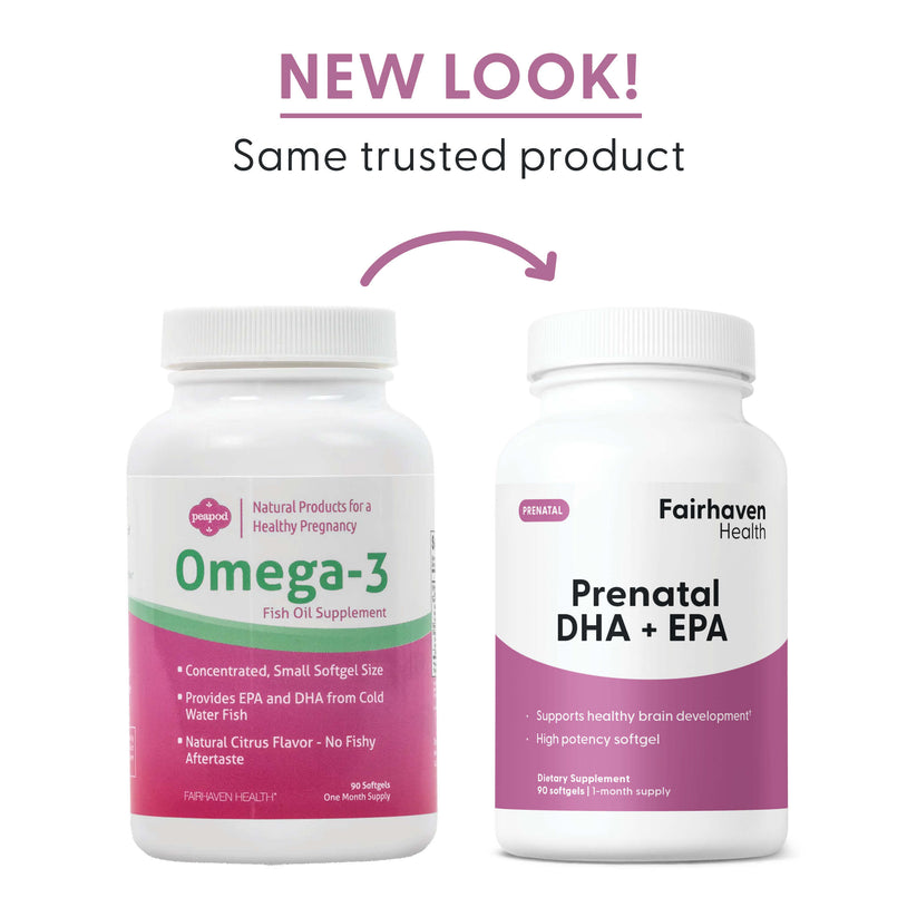 PeaPod Omega-3 is now Fairhaven Health Prenatal DHA + EPA omega-3 supplement. New look, same trusted product.