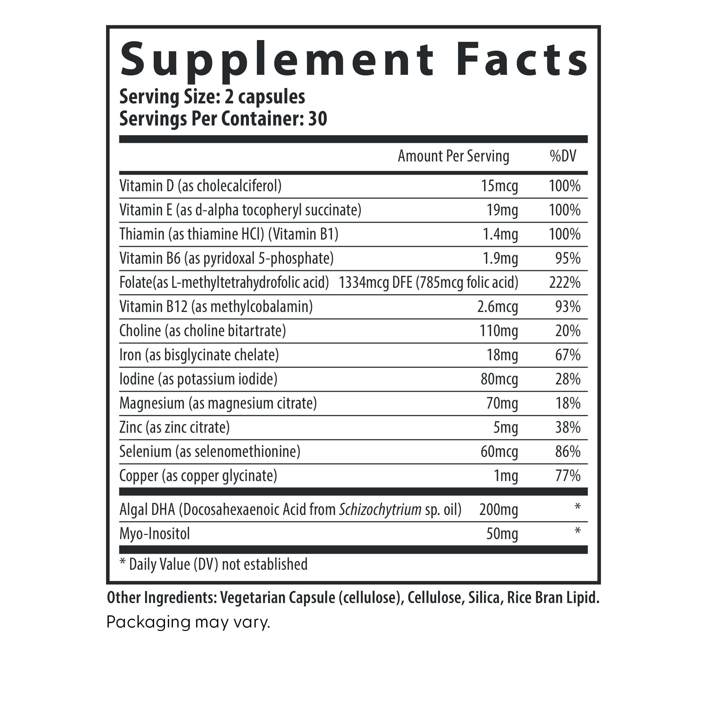 Fairhaven Health Prenatal Multivitamin Essentials with DHA supplement facts.