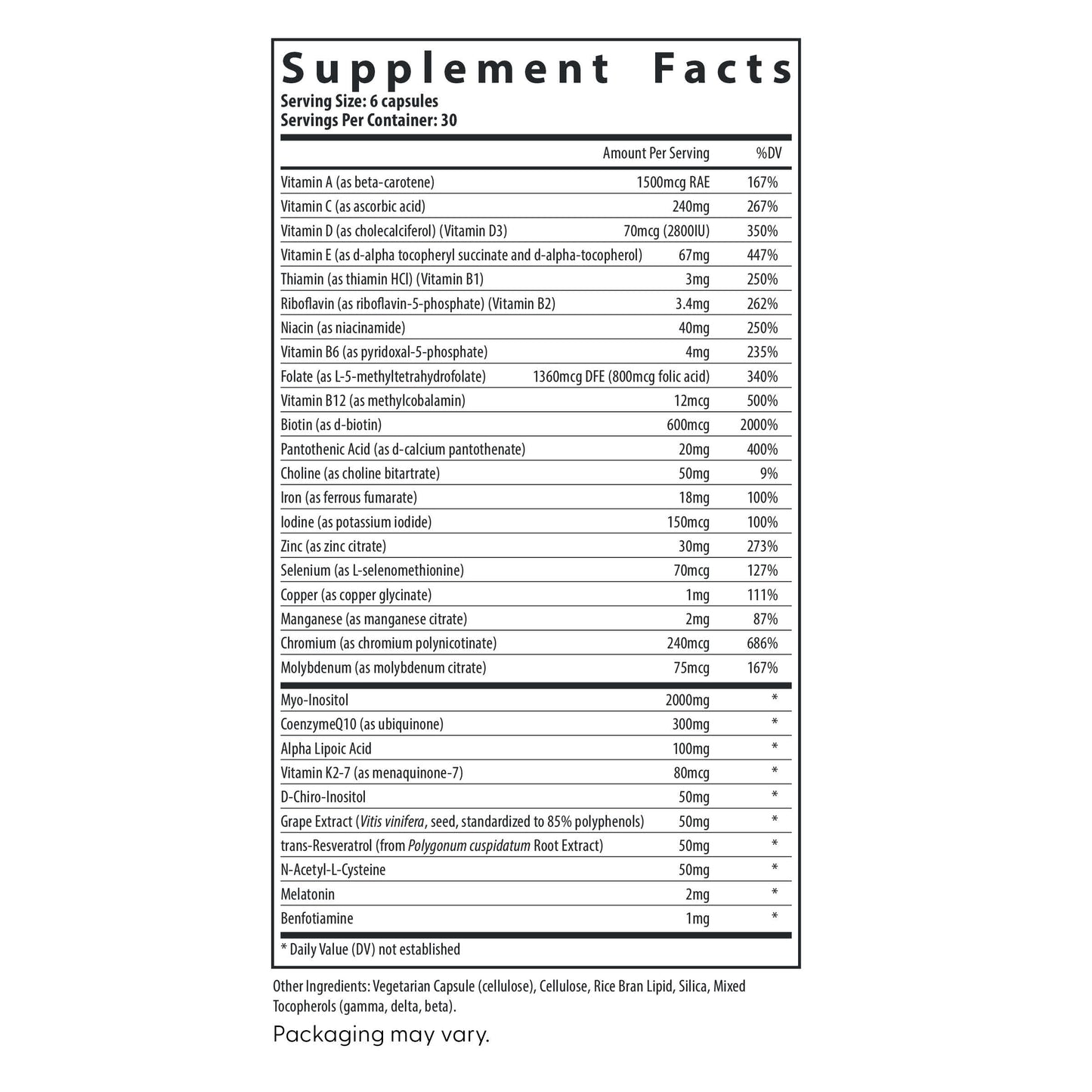 Fairhaven Health FH Pro Fertility Multivitamin for Women supplement facts.