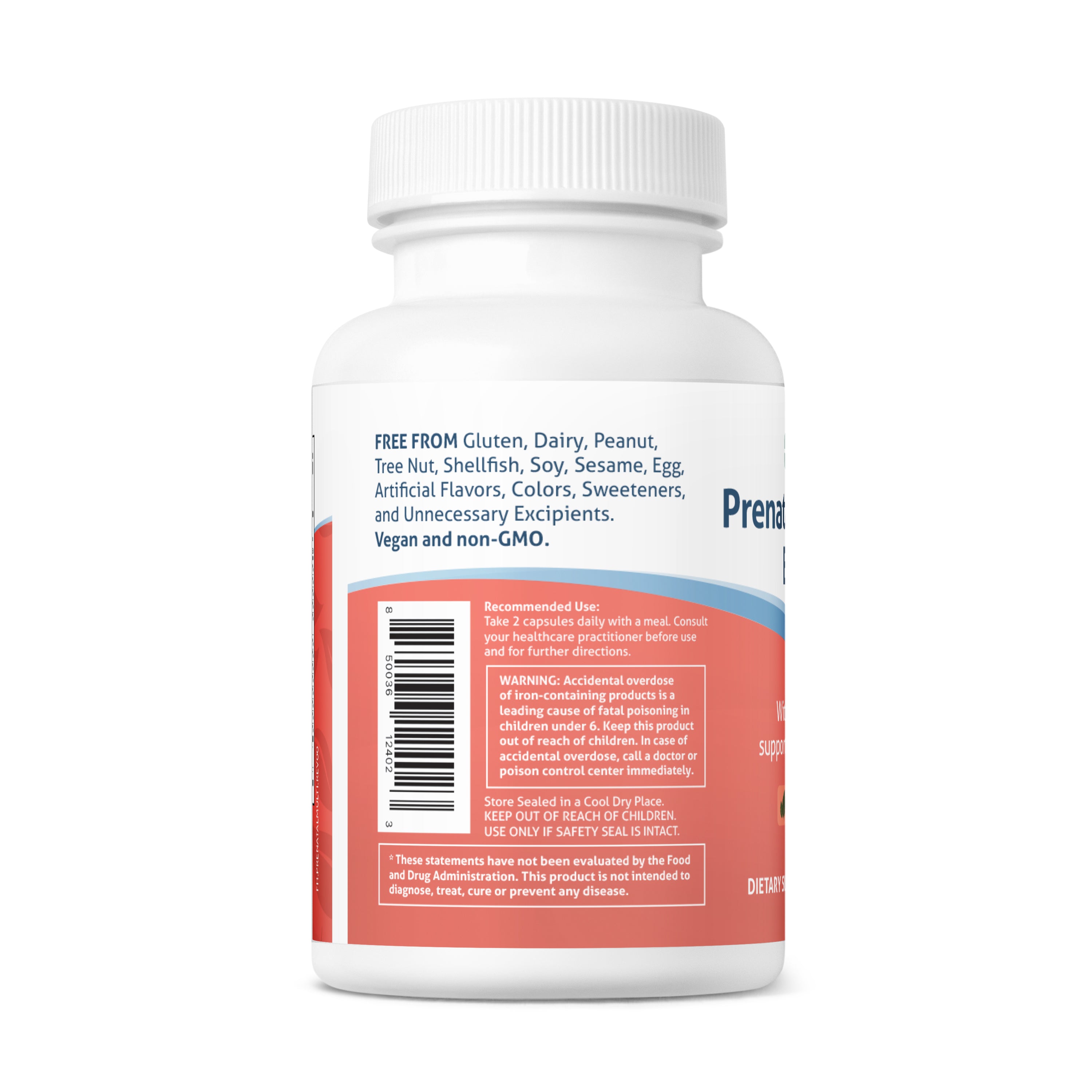 Fairhaven Health Prenatal Multivitamin Essentials back of bottle with UPC.