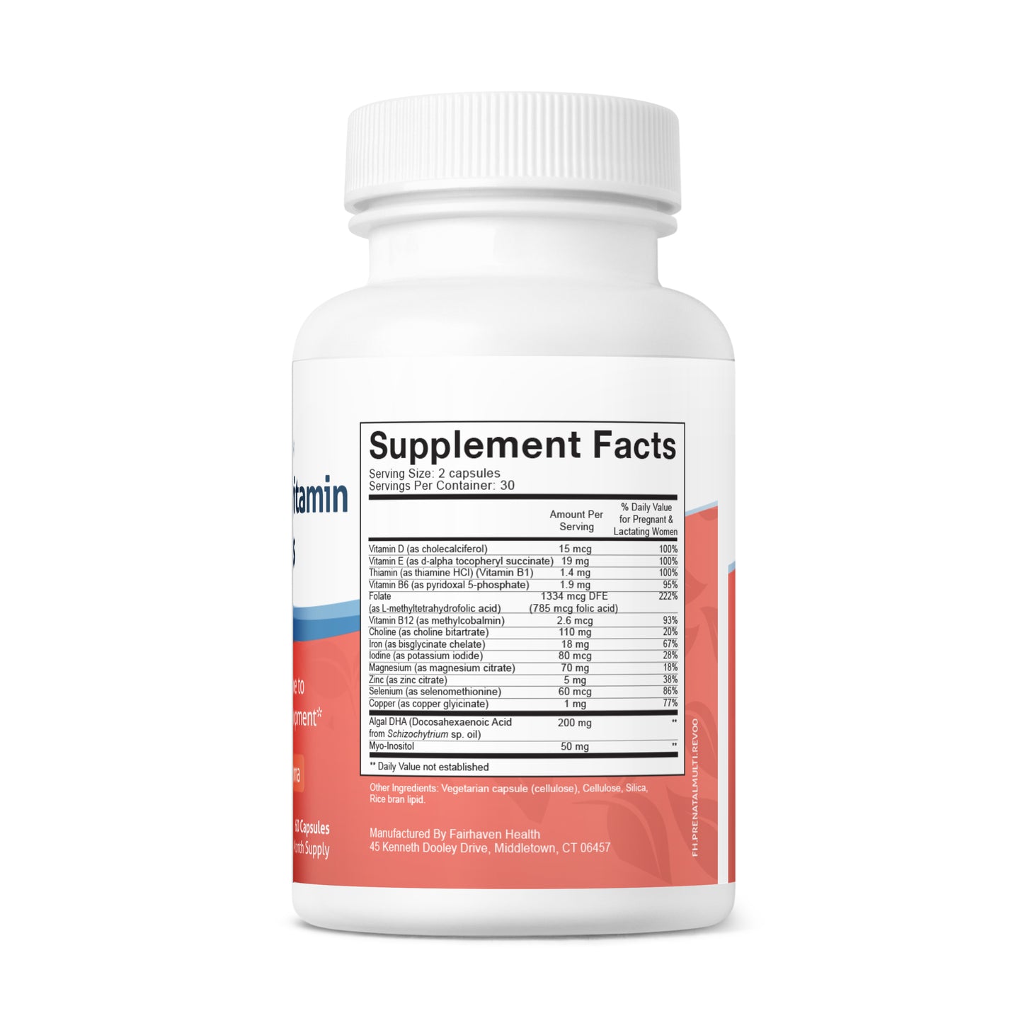 Fairhaven Health Prenatal Multivitamin Essentials Supplement Facts panel on bottle.